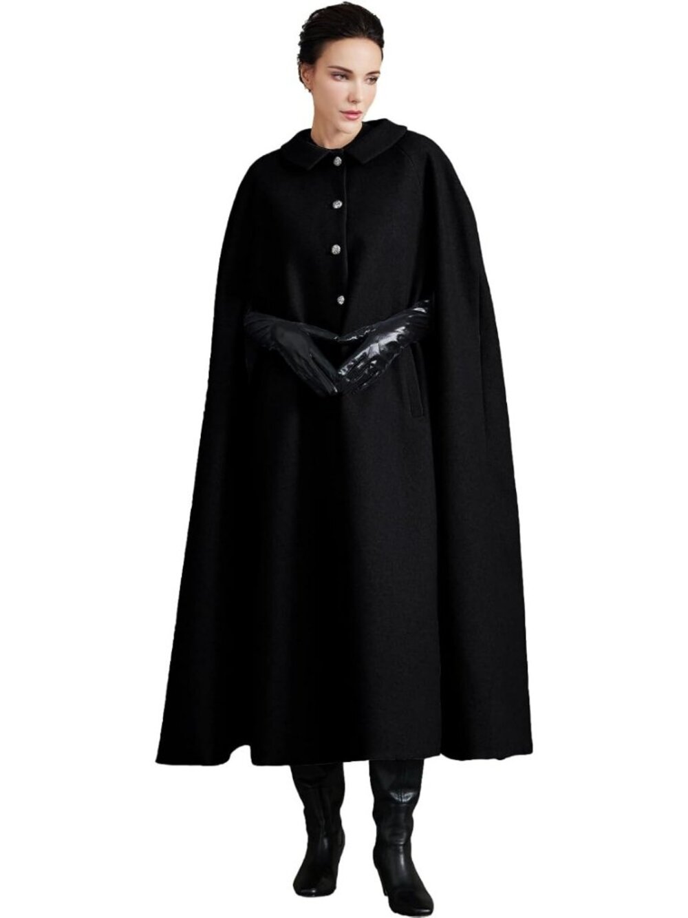 Vintage Wool Blend Cape Coat for Women - Single-Breasted Jacket with Pockets